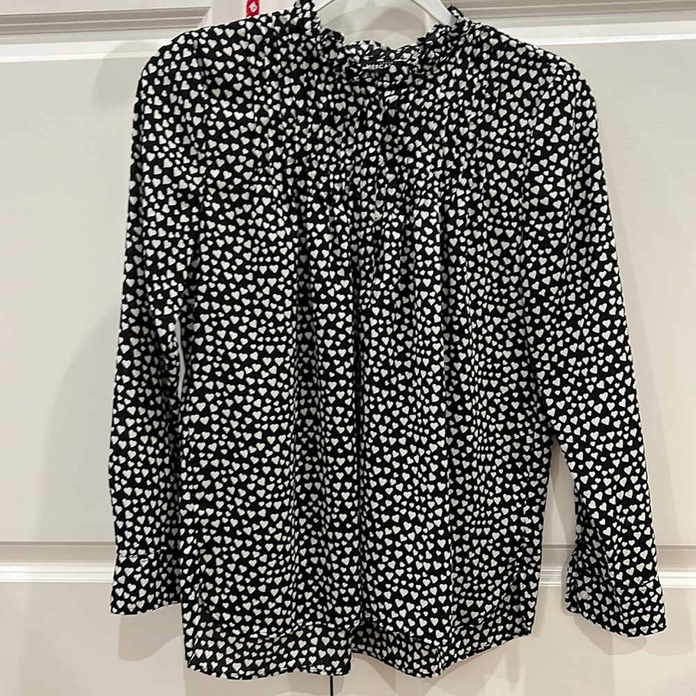 Ladies J CREW Mercantile black ruffle neck blouse